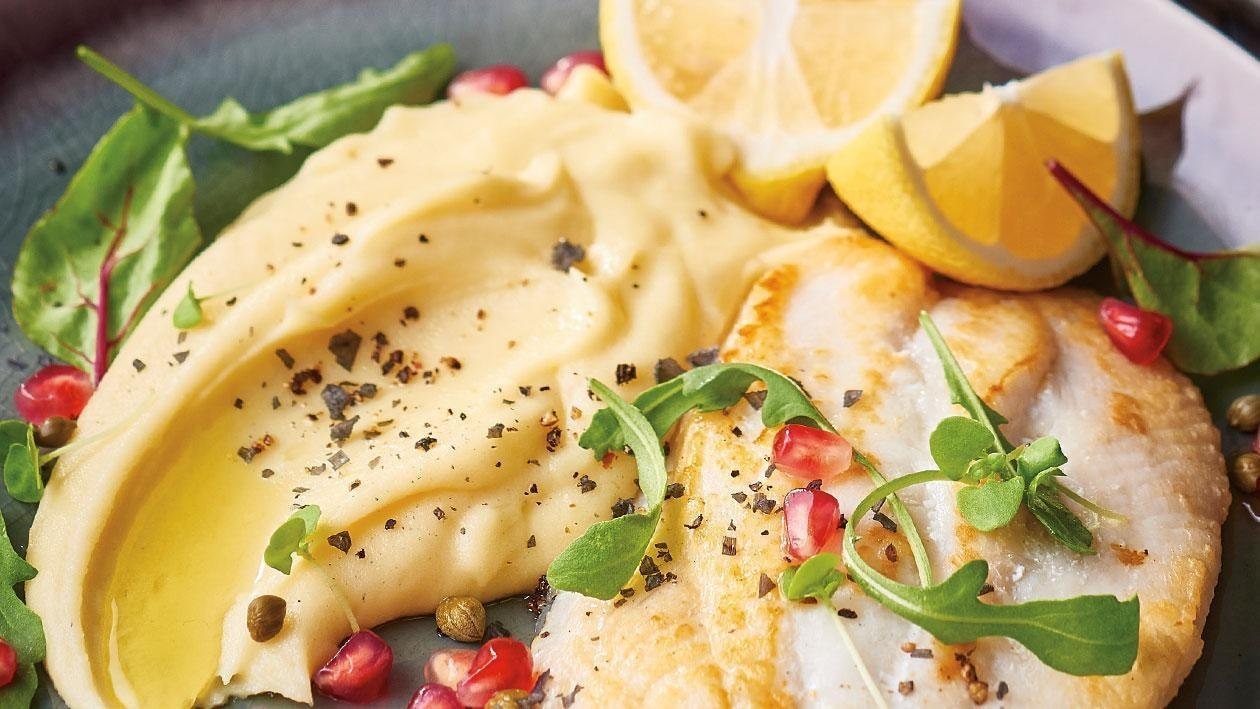 Pan Seared Fish with Potato Aioli, Pomegranate and Capers – - Recipe