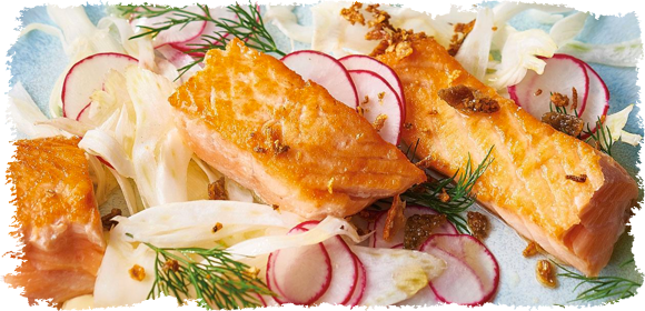 Roasted Salmon with Yuzu Sauce, Fennel and Radish Salad