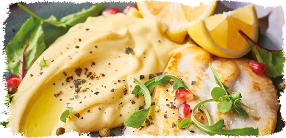 Pan Seared Fish with Potato Aioli, Pomegranate and Capers